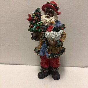 Black Santa figurine 10" with Christmas trees, coat, hat and Goose VG condition